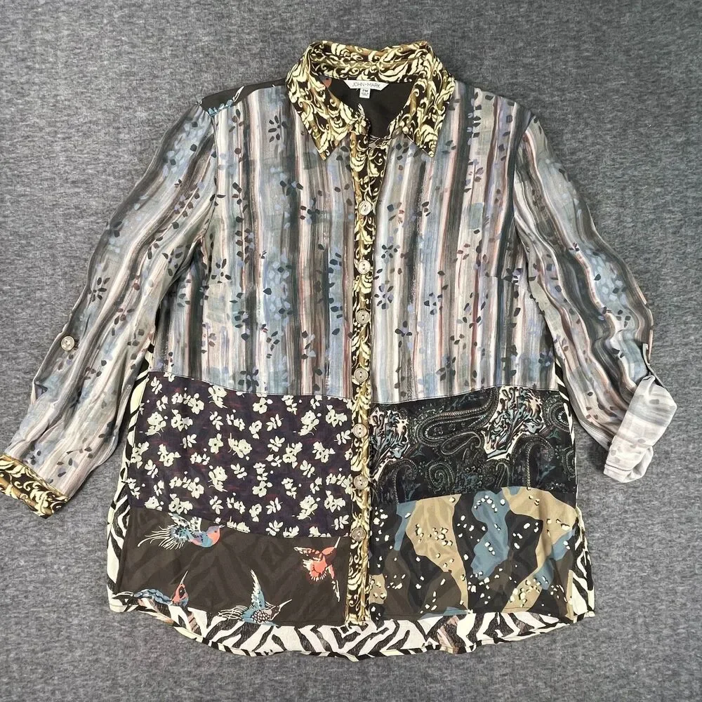 John Mark PM Mixed Print Patchwork Tunic Roll Tab Button Down Blouse Bird Artsy - Picture 9 of 14